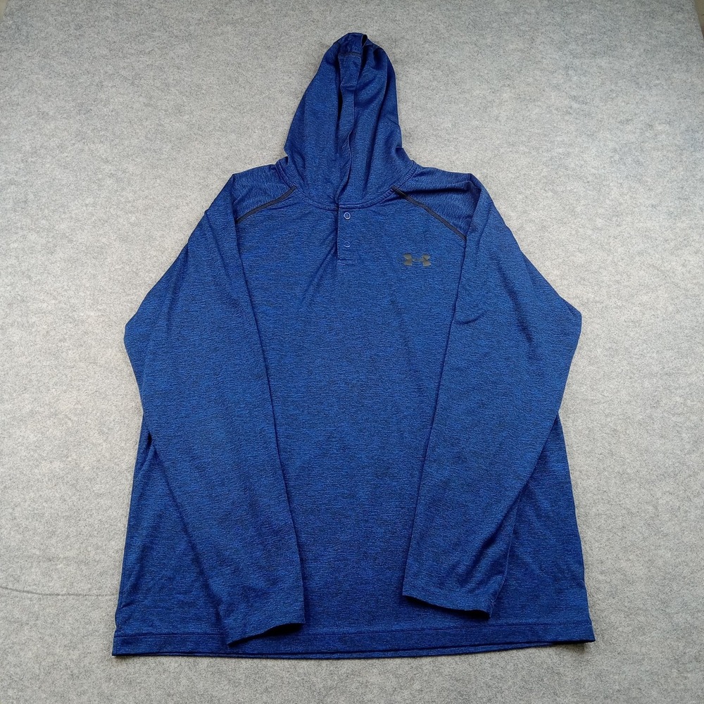 Under Armour Shirt Mens Large HeatGear Blue Hooded‎ Long Sleeve Athletic Top Gym